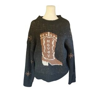 Women Cowboy Boot Intarsia Knit Sweater M Black Western Boho Cowgirl Rodeo